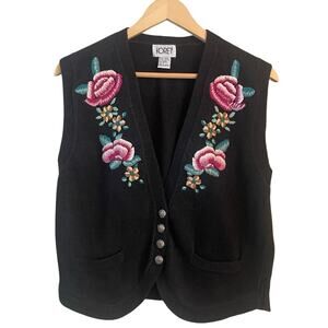 Vintage Koret Black Knit Sweater Vest Floral Embroidered V-Neck Size Small